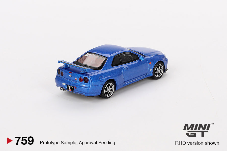 Mini GT 759 NIssan Skyline GT-R (R34) V-Spec Bayside Blue