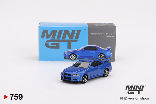 Mini GT 759 NIssan Skyline GT-R (R34) V-Spec Bayside Blue